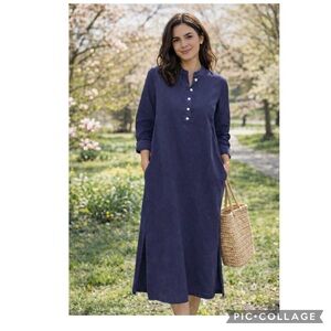 NWT Navy Cotton Mandarin Collar Midi Shirt Dress Long Sleeve Minimalist